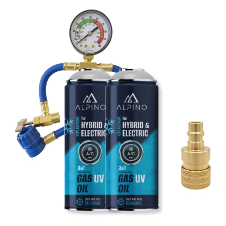 Komplet Alpino gaz do klimatyzacji for HYBRID/EV (Alpino gaz+olej+UV) (2 szt) + manometr + adapter R1234yf