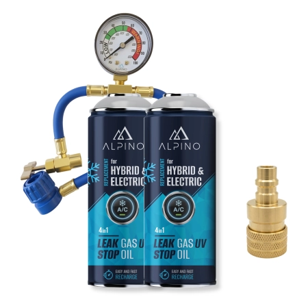 Komplet Alpino gaz do klimatyzacji for HYBRID/EV (Alpino gaz+olej+uszczelniacz+UV) (2 szt) + manometr + adapter R1234yf